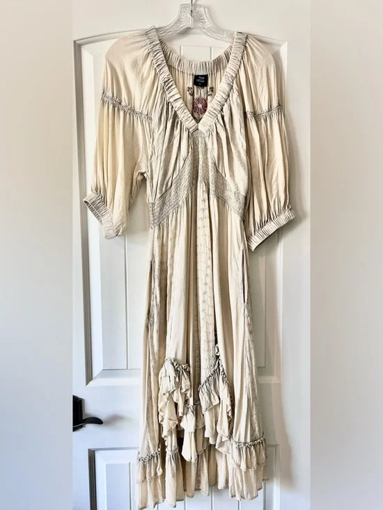 Bohemian Cream Ruffled V-Neck Maxi Dress by Free People - Picture 1 of 6